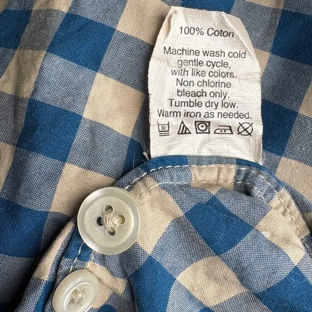 J.Crew Blue Tan Gingham Plaid Cotton Button-Up Casual Dress Shirt‎ Mens Sz XL